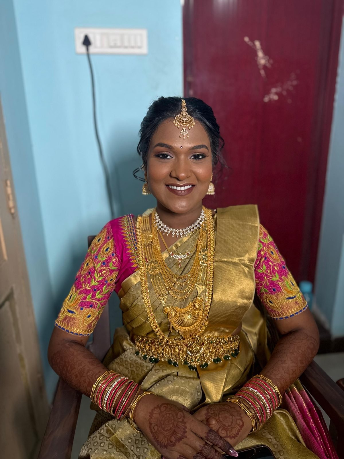 Traditional bridal makeup and hairstyling by Anu Rotrico, Chennai